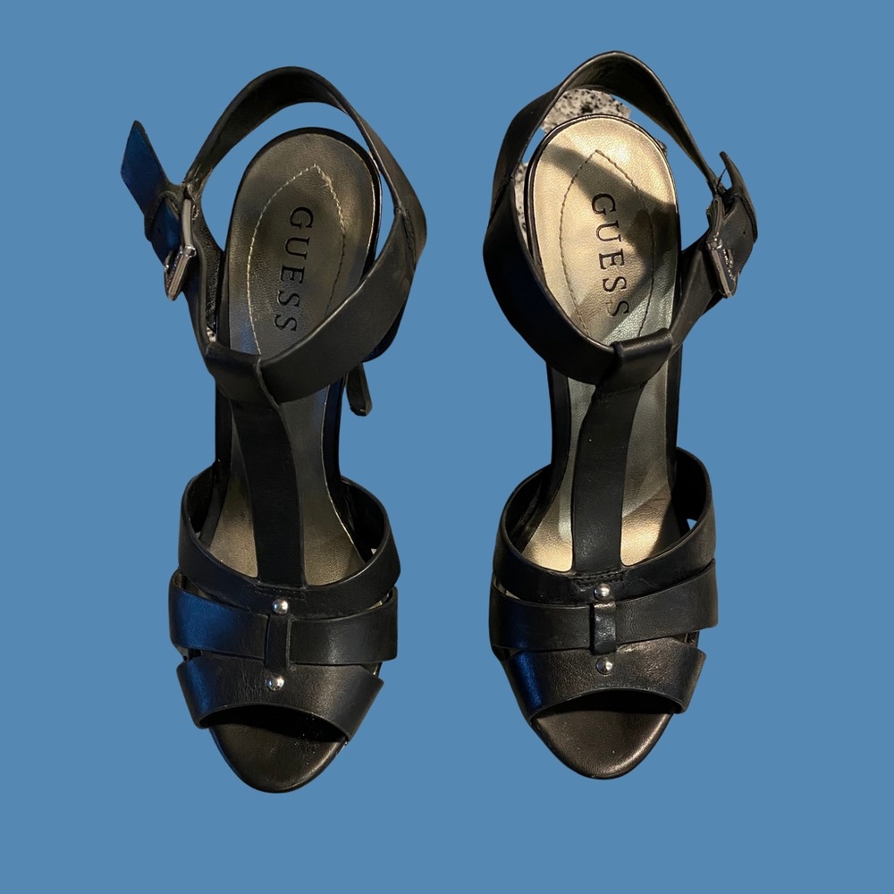 Guess Black Heels, size 7.5, Leather Upper, 5” open-toed